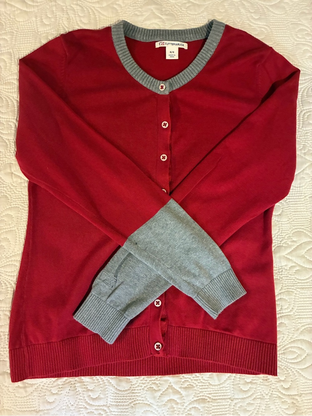 Cutter & Buck Colorblock
Cardigan: Spring Layering in
Soft Crimson & Gray